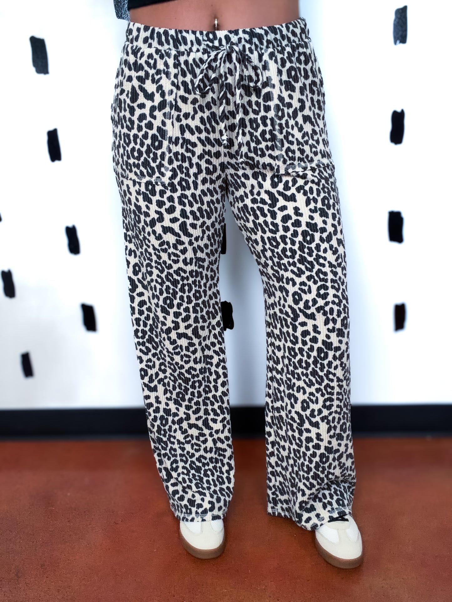 Beige Animal Print Wide Leg Pants