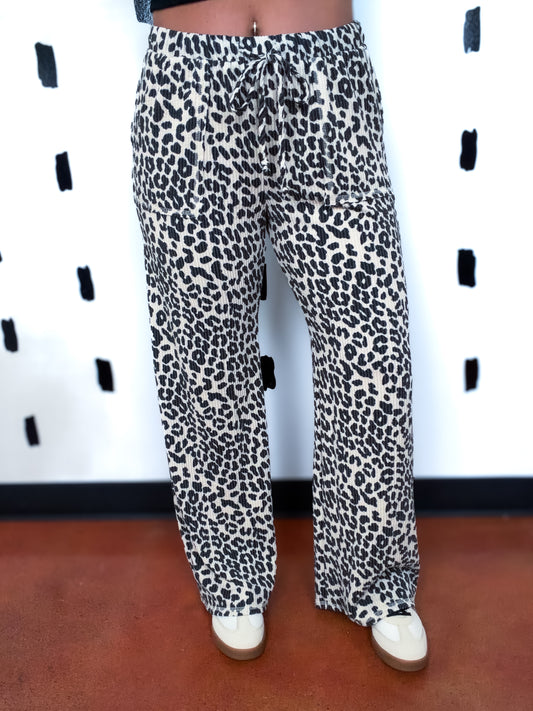 Beige Animal Print Wide Leg Pants