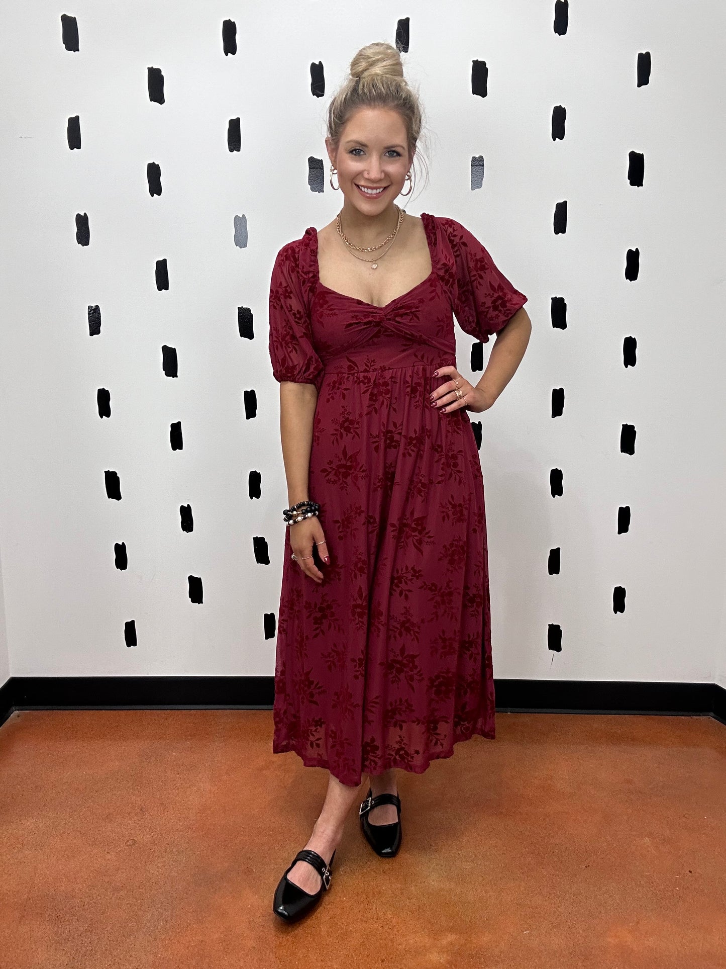 Burgundy Floral Velvet Midi Dress