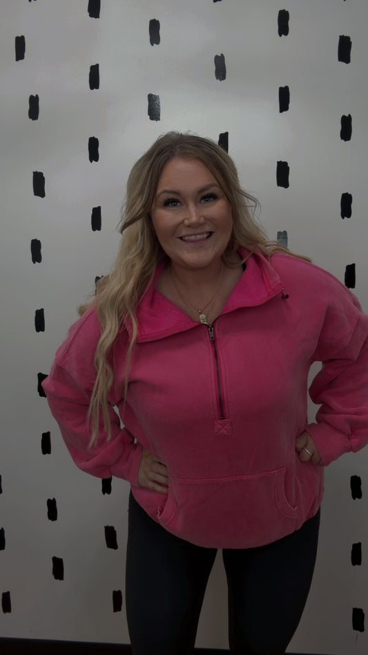 Fuchsia Detailed Elastic Hem Half Zip Fleece Hoodie