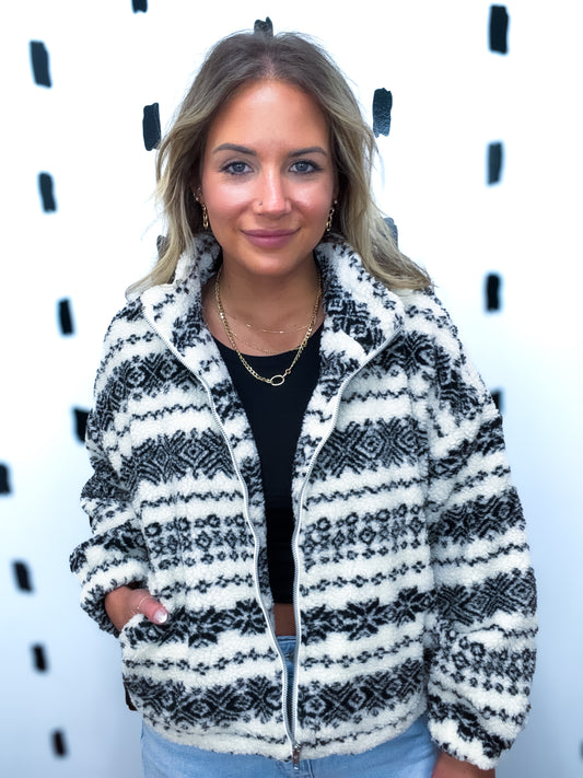 Ivory Fleece Zip Patterned Jacket