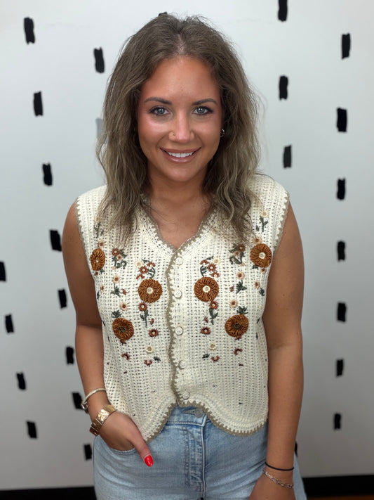 Cream Floral Embroidery Vest Crochet Top