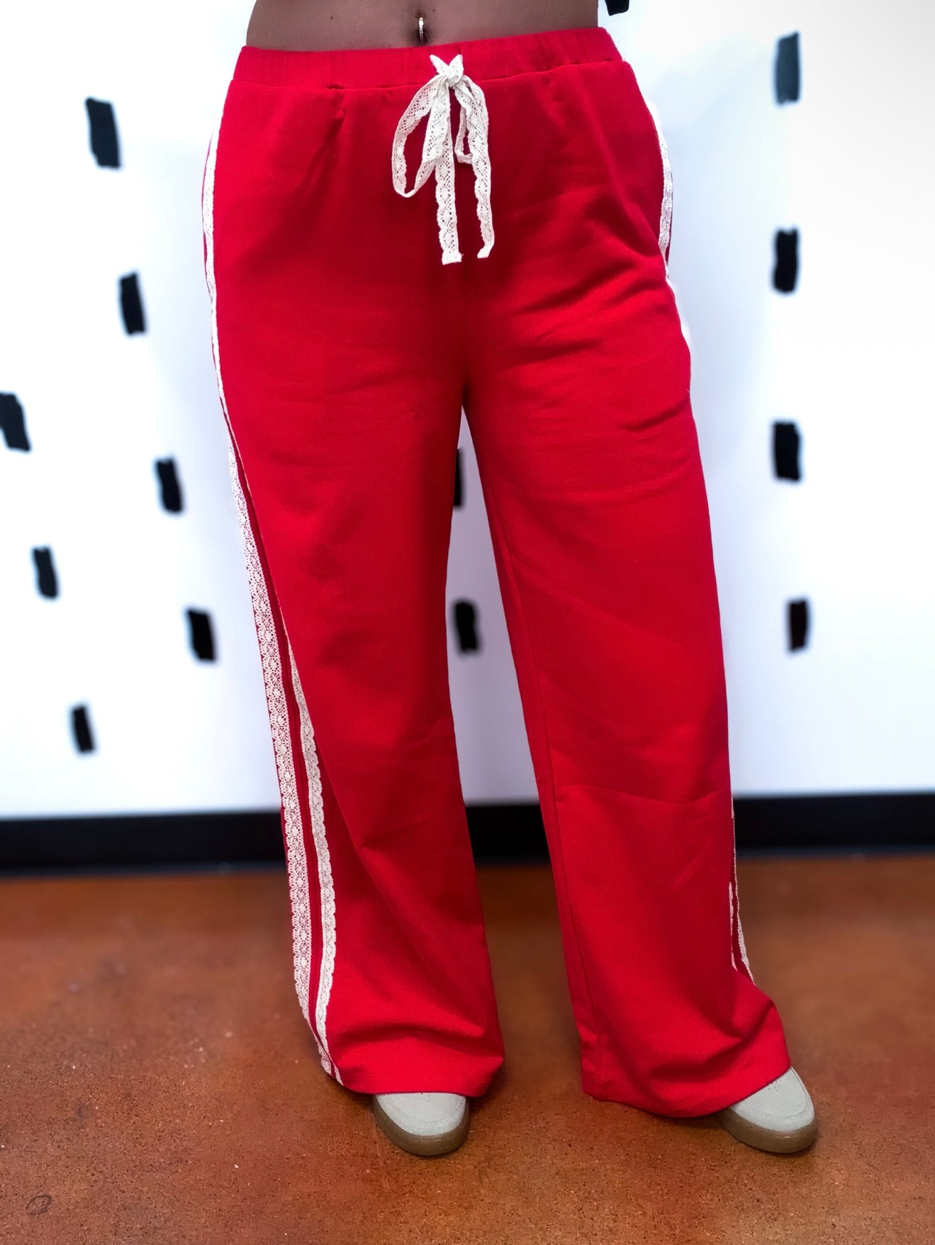 Red Lace Striped Terry Pants