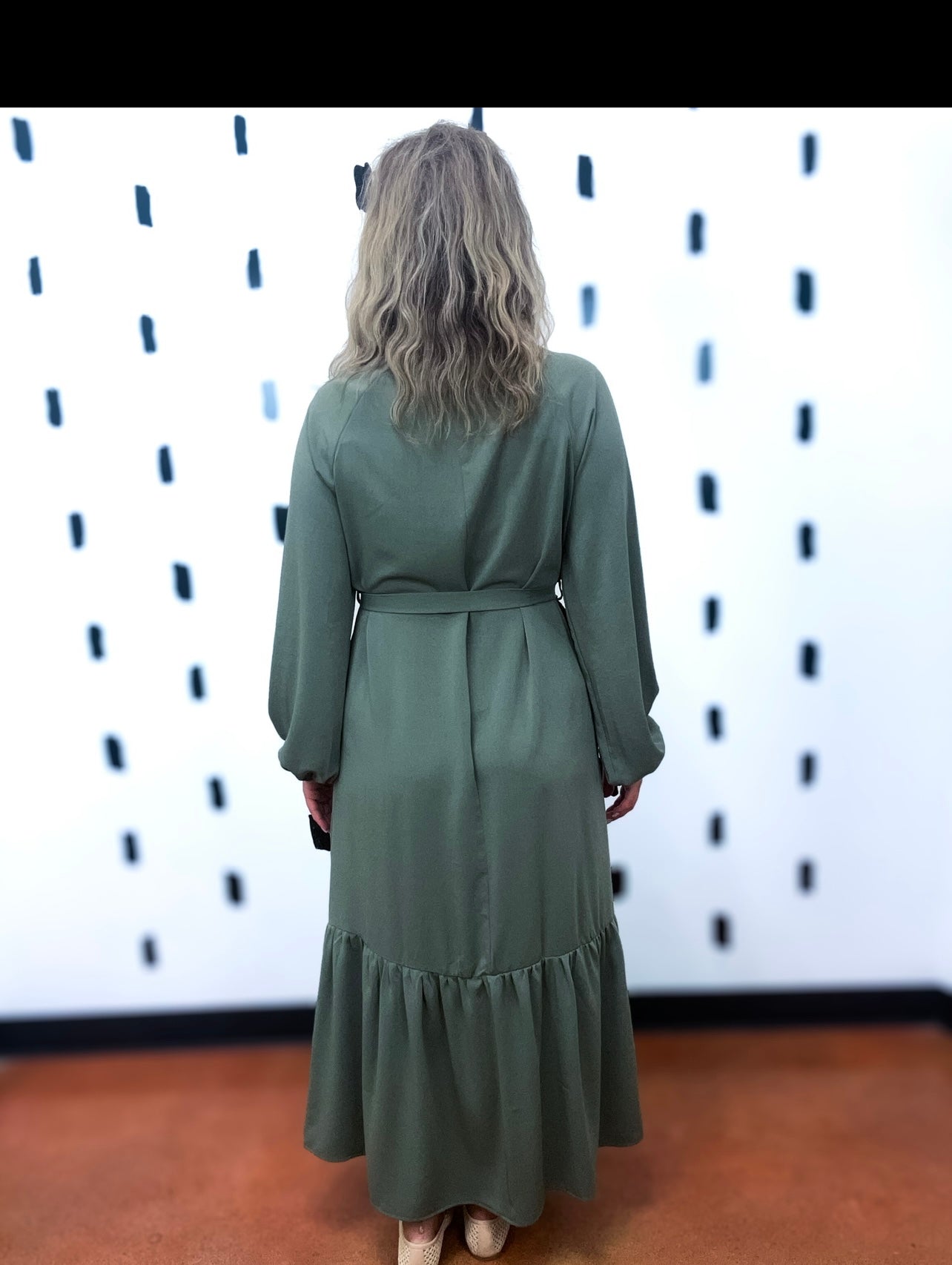 Olive Belted Long Sleeve Dress