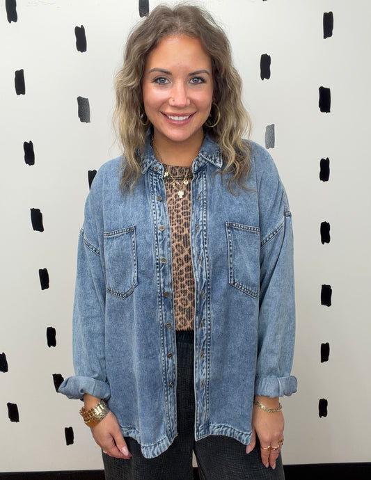 Washed Chambray Button Down Long Sleeve Shirt