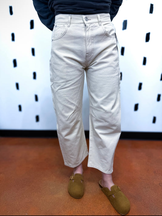 Ecru Wide Leg High Waist Cropped Pants