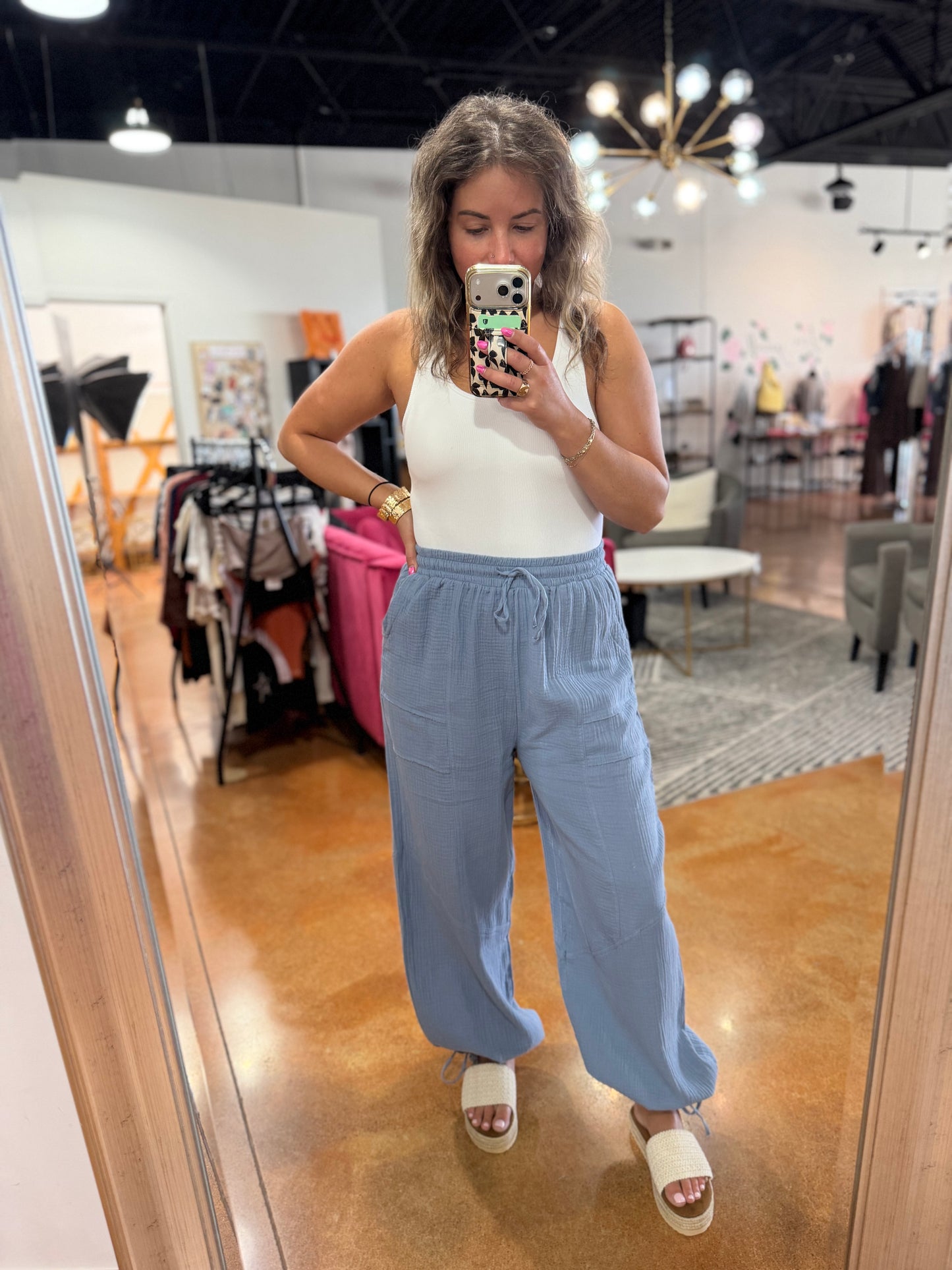 Denim Wide Leg Gauze Pants