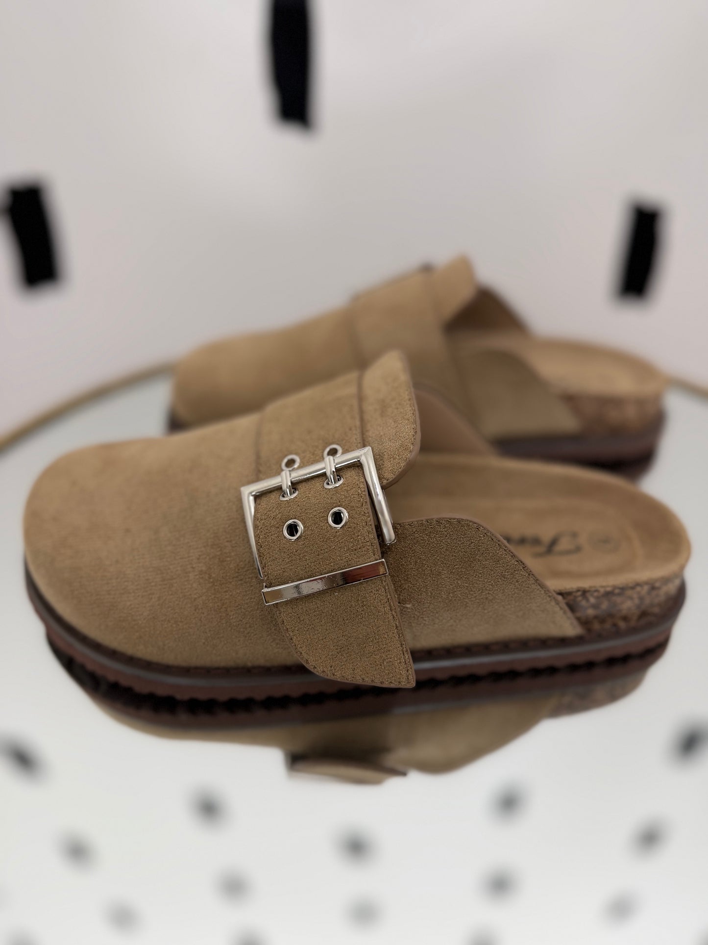 Taupe Buckle Clogs