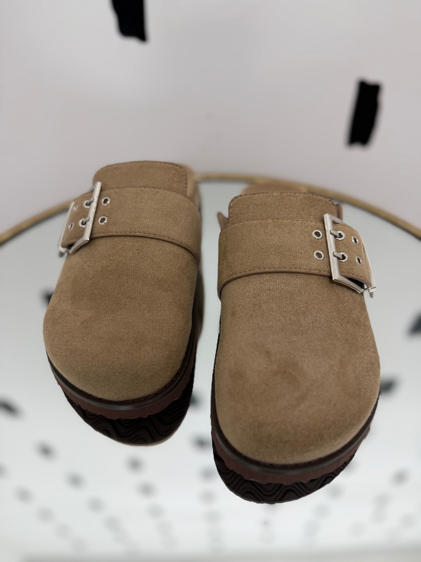 Taupe Buckle Clogs