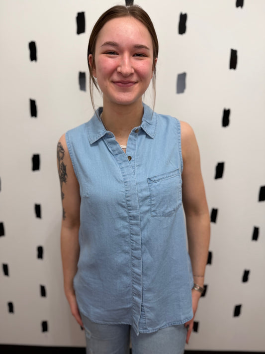 Blue Sleeveless Button Up Top