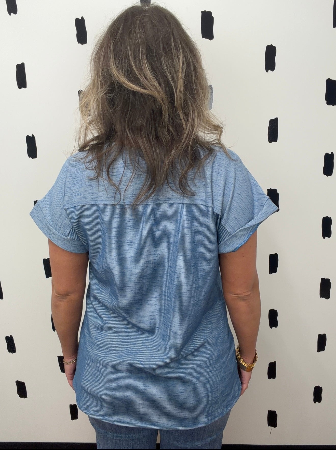 Denim Blue Solid Short Sleeve Top