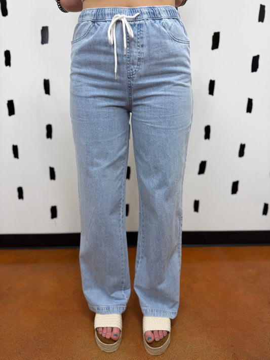 Light Wash Drawstring Wide Leg Denim Pants