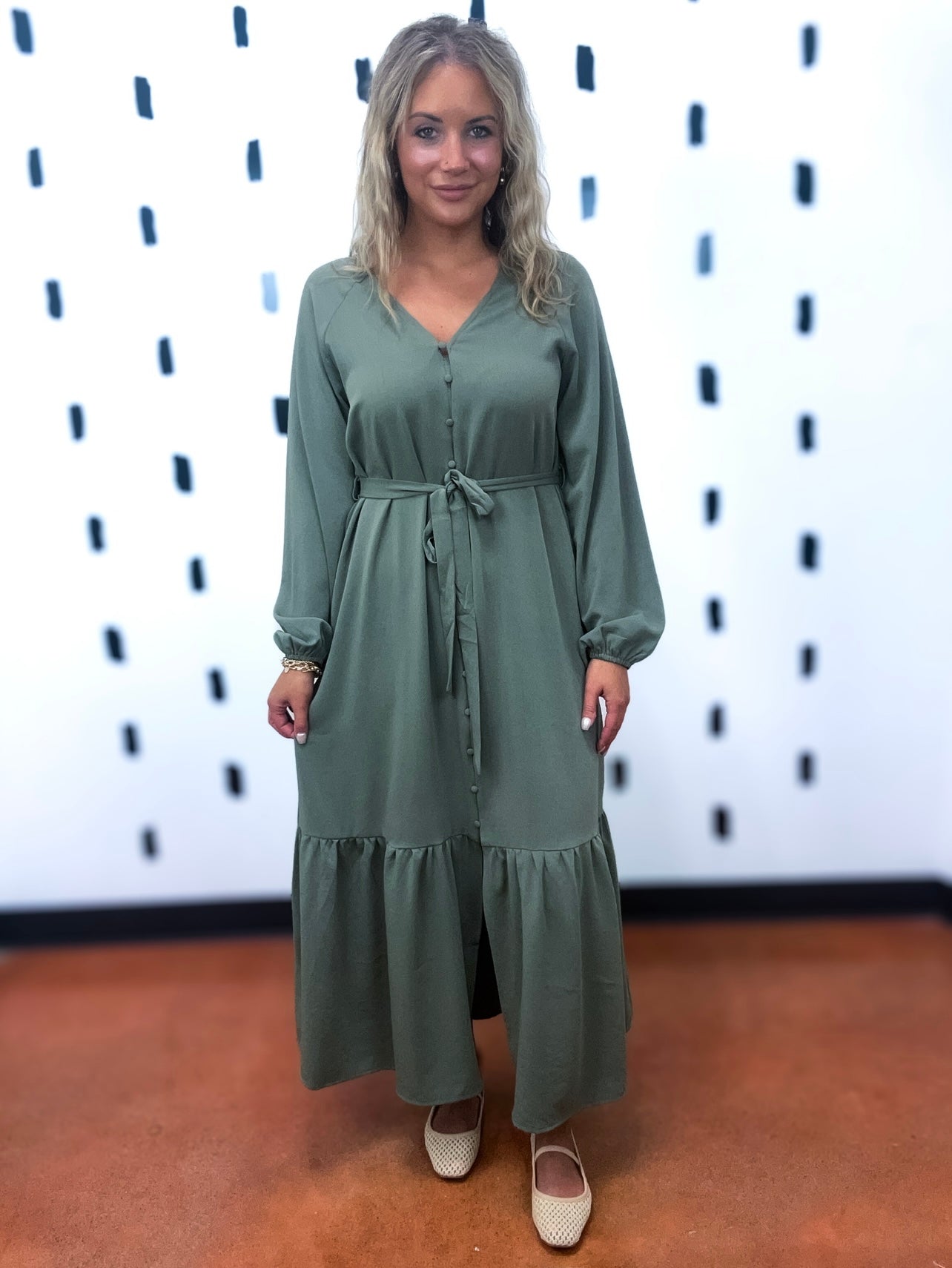 Olive Belted Long Sleeve Dress