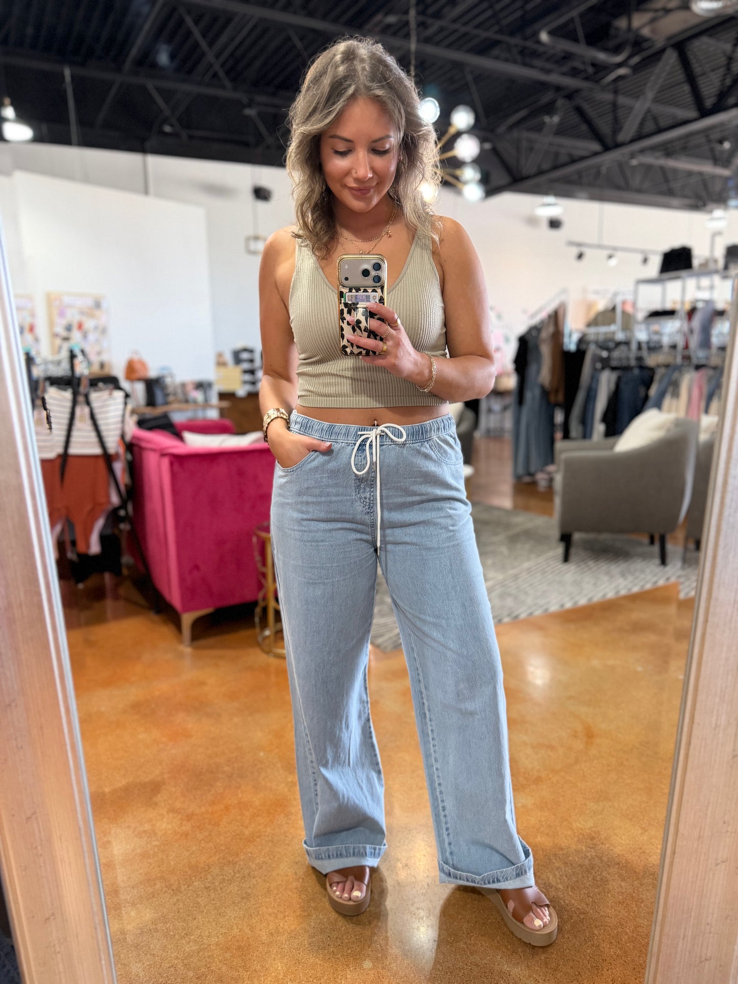 Light Wash Drawstring Wide Leg Denim Pants