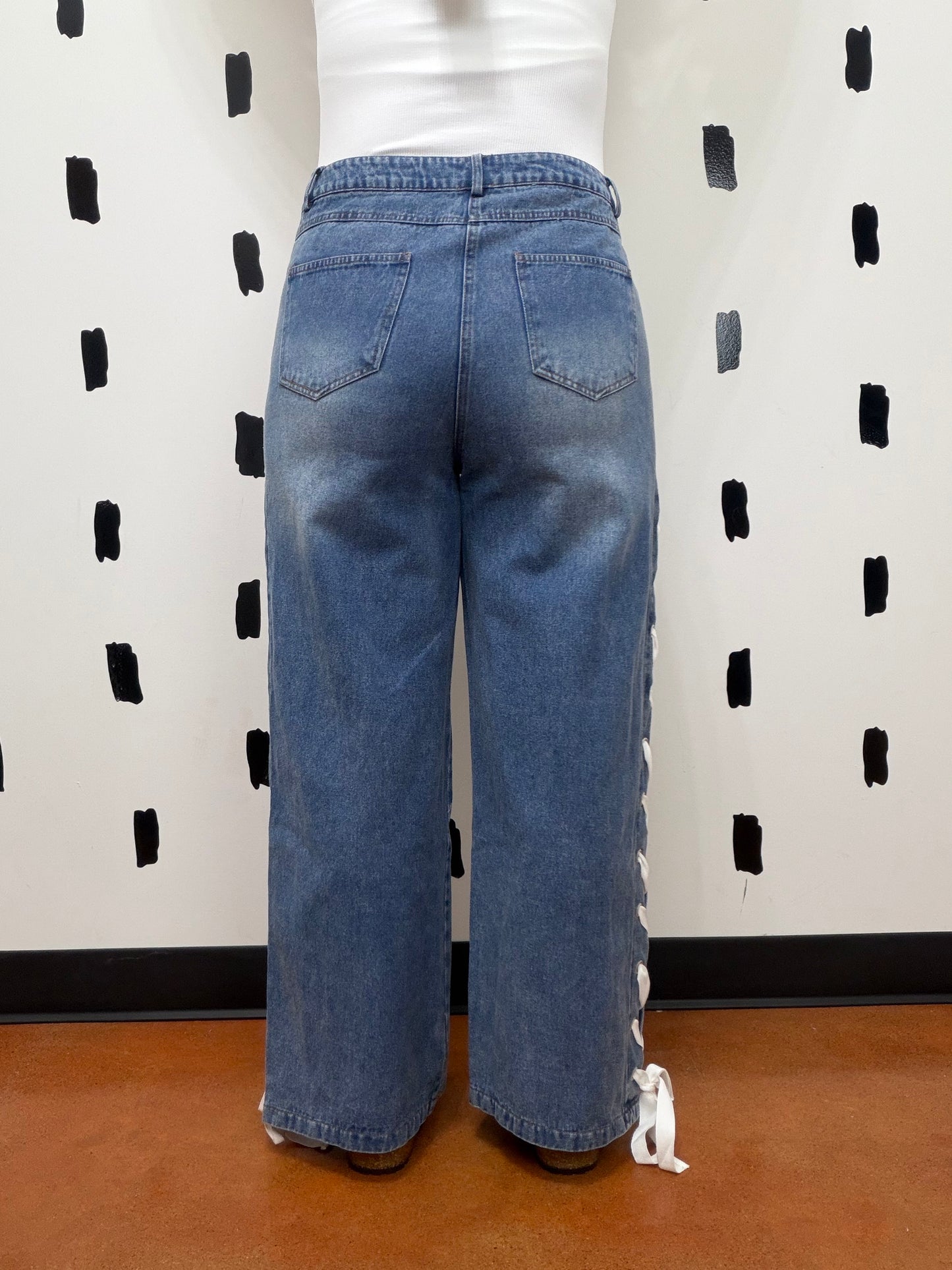 Mid Rise Straight Leg Lace Up Denim Jeans