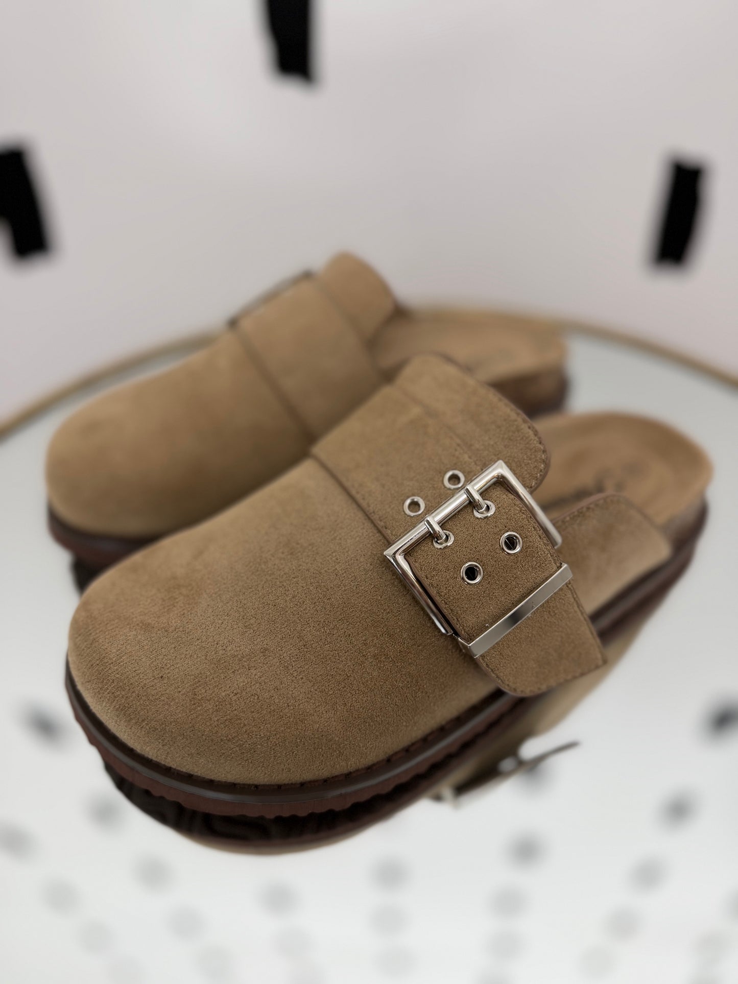 Taupe Buckle Clogs