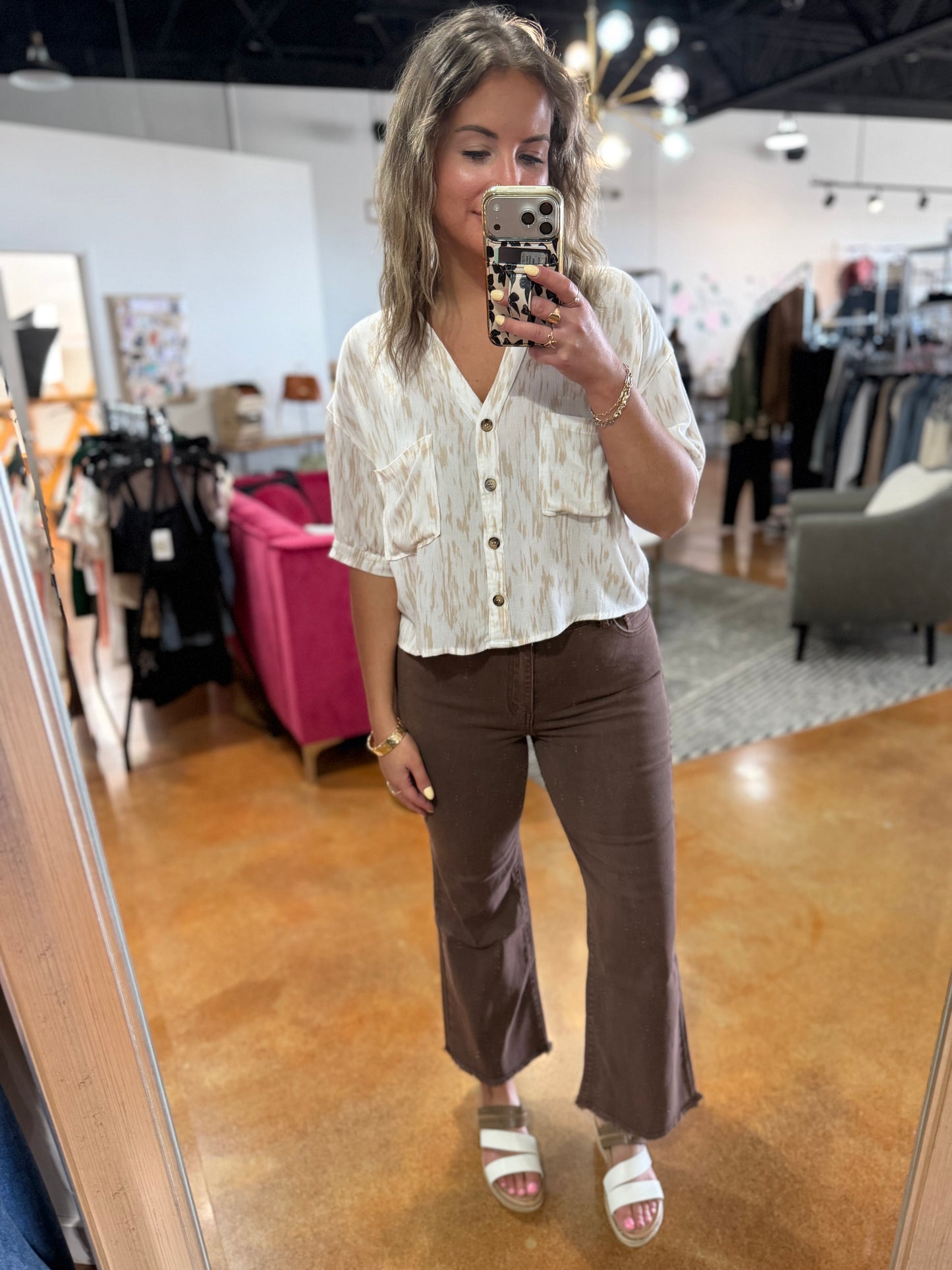 Ivory/Taupe Paint Print Short Sleeve Blouse