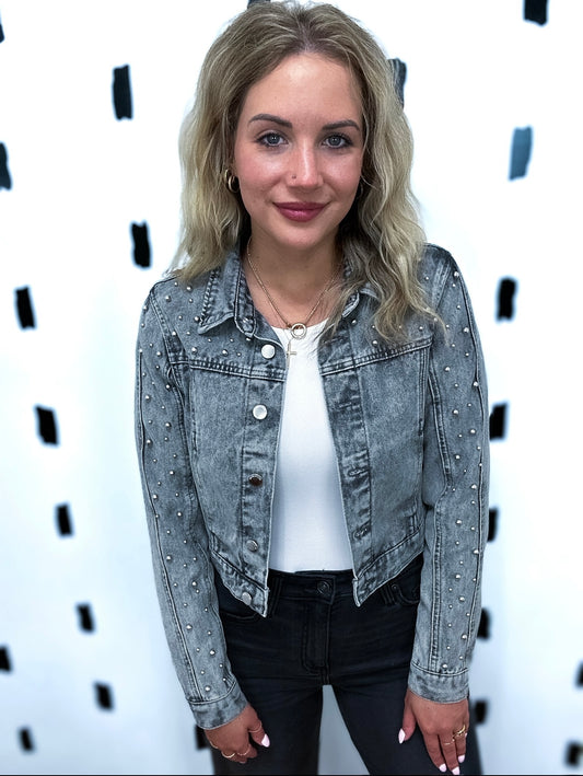 Faded Grey Pearl Studs Denim Jacket