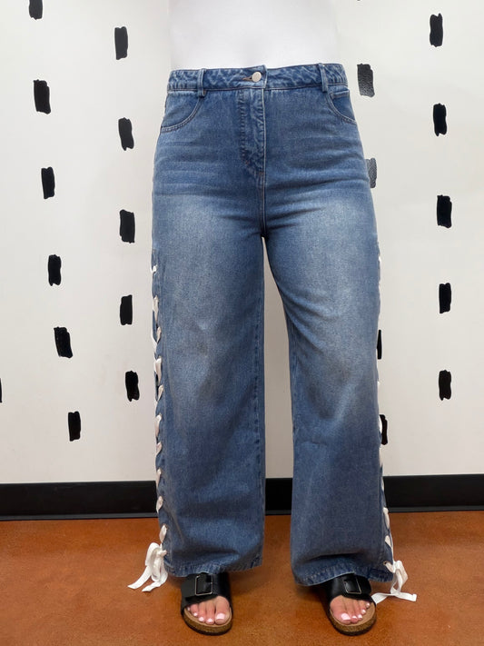 Mid Rise Straight Leg Lace Up Denim Jeans
