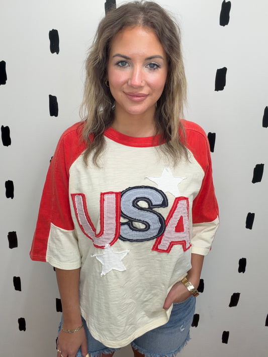 Red/Oat USA Star Patch Top