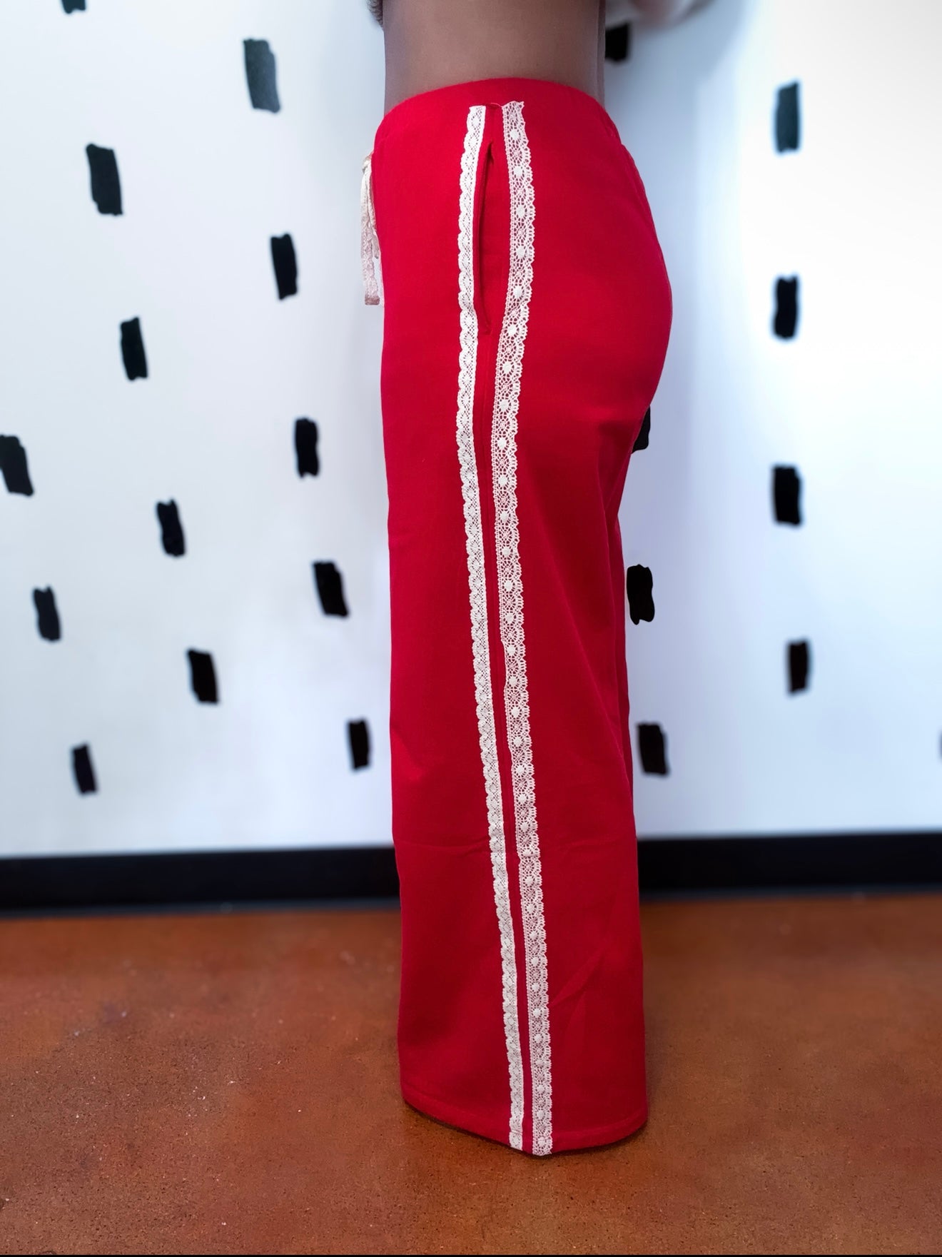 Red Lace Striped Terry Pants