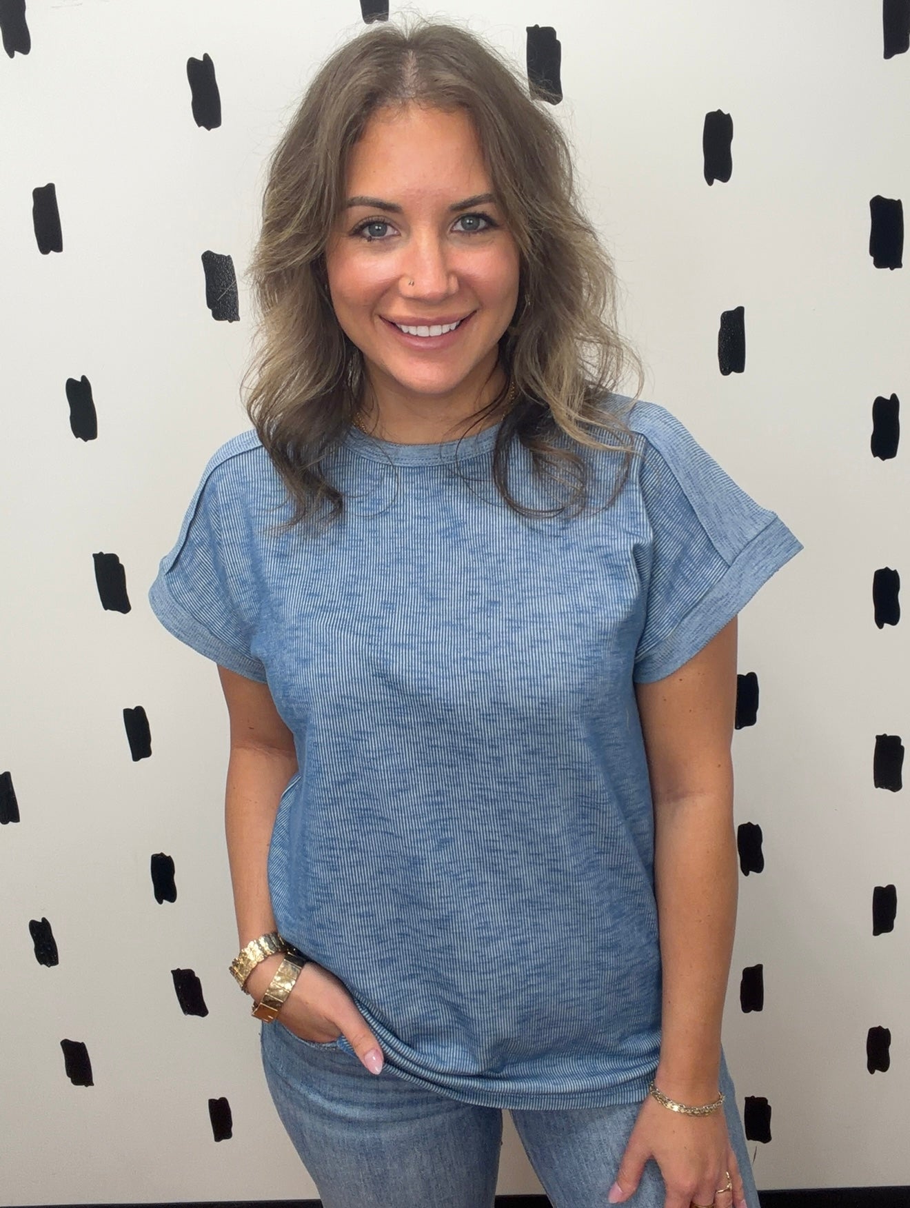 Denim Blue Solid Short Sleeve Top