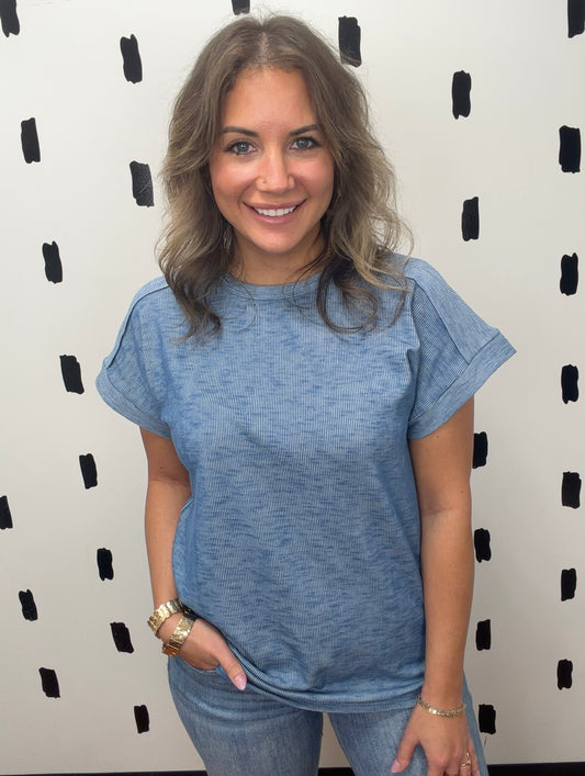 Denim Blue Solid Short Sleeve Top