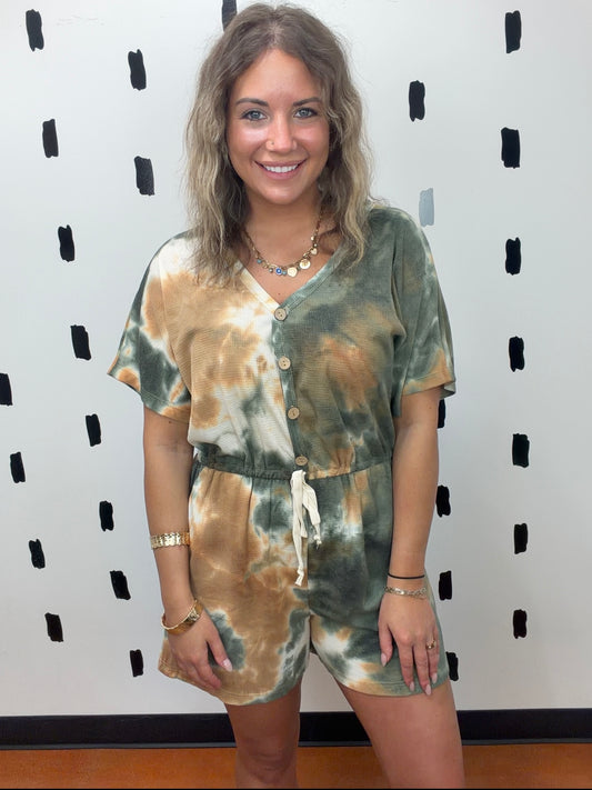 Olive/Mustard Tie-Dye Waffle Knit Romper