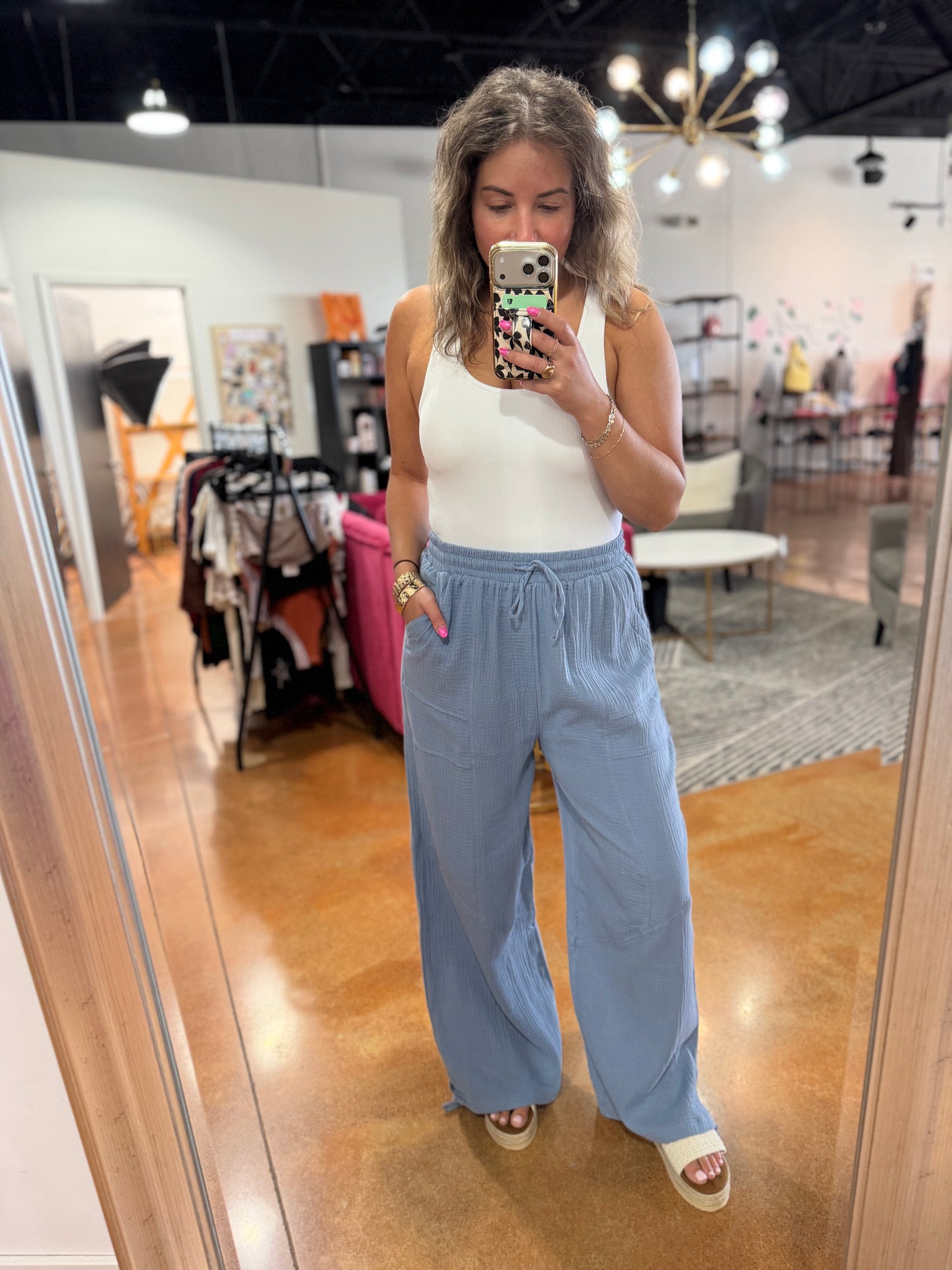 Denim Wide Leg Gauze Pants