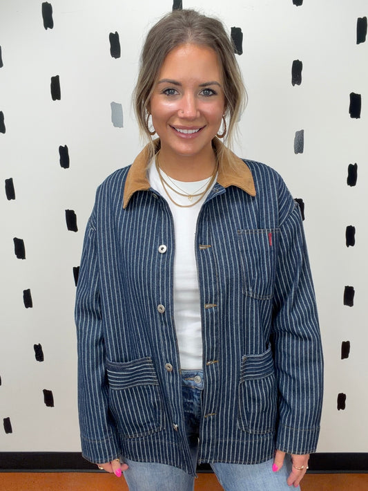 Indigo Stripe Corduroy Collar Denim Shacket