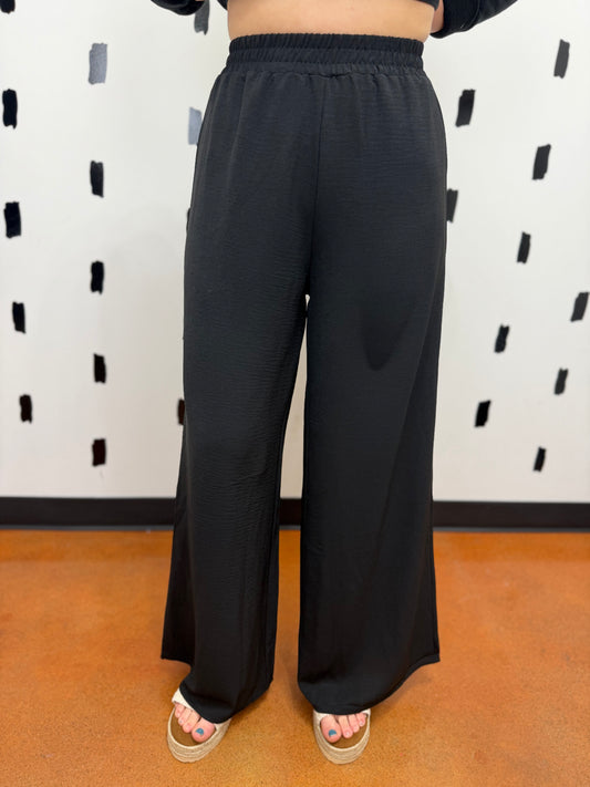 Black Wide Leg Elastic Waist Pants