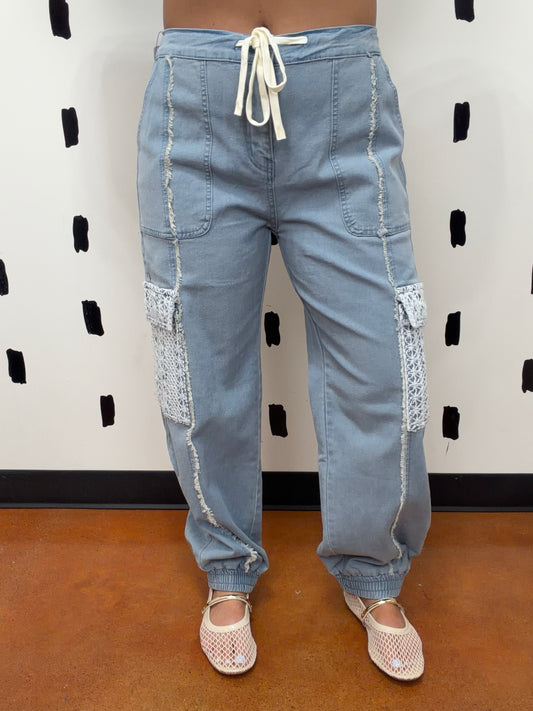 Denim Lace Pocket Drawstring Jogger Pants