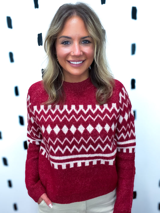 Red/Ivory Printed Raglan Sweater