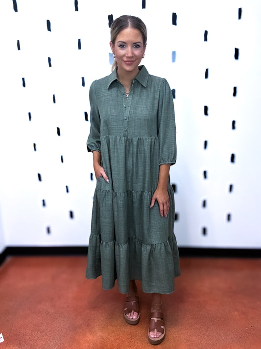 Olive Green Tiered Midi Dress