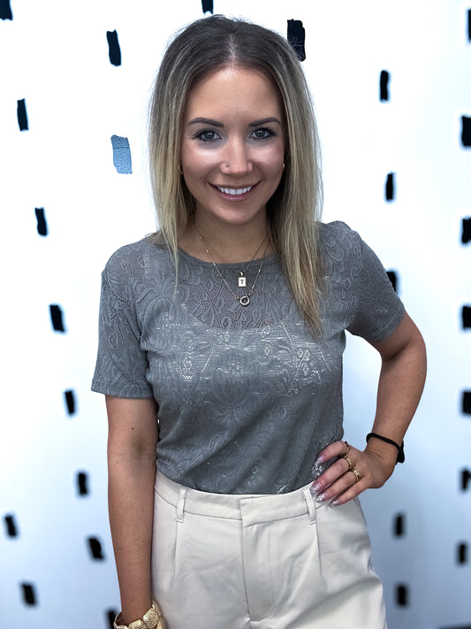 Olive Khaki Mesh Lace Short Sleeve Top