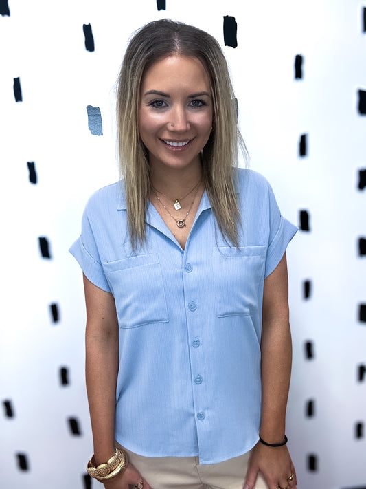 Baby Blue Short Sleeve Button Down Blouse