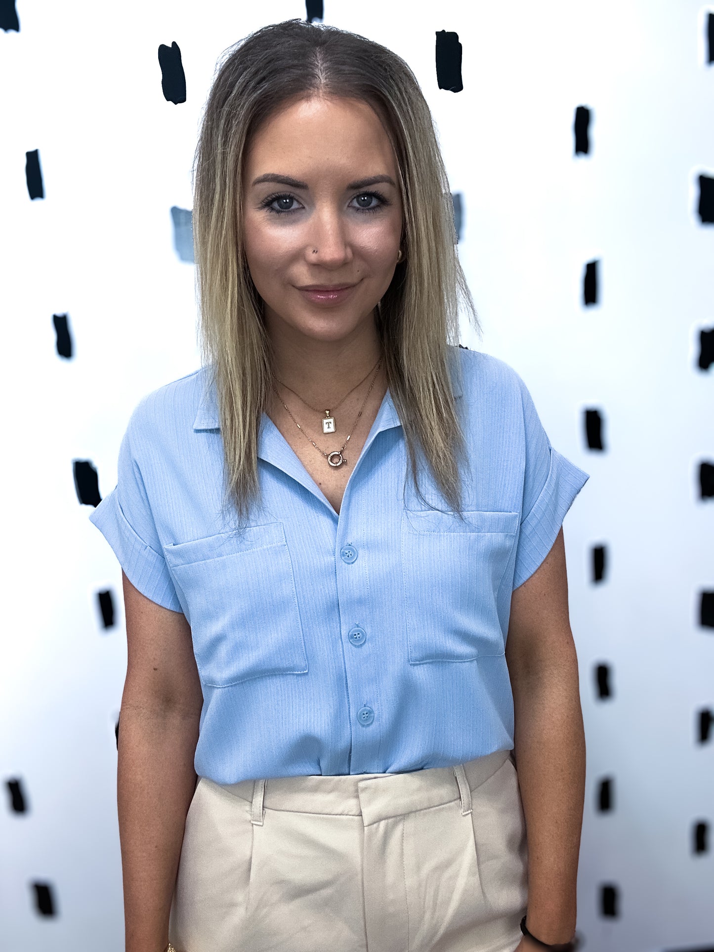 Baby Blue Short Sleeve Button Down Blouse
