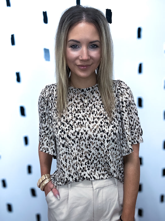 Taupe Geo Print Flutter Sleeve Top