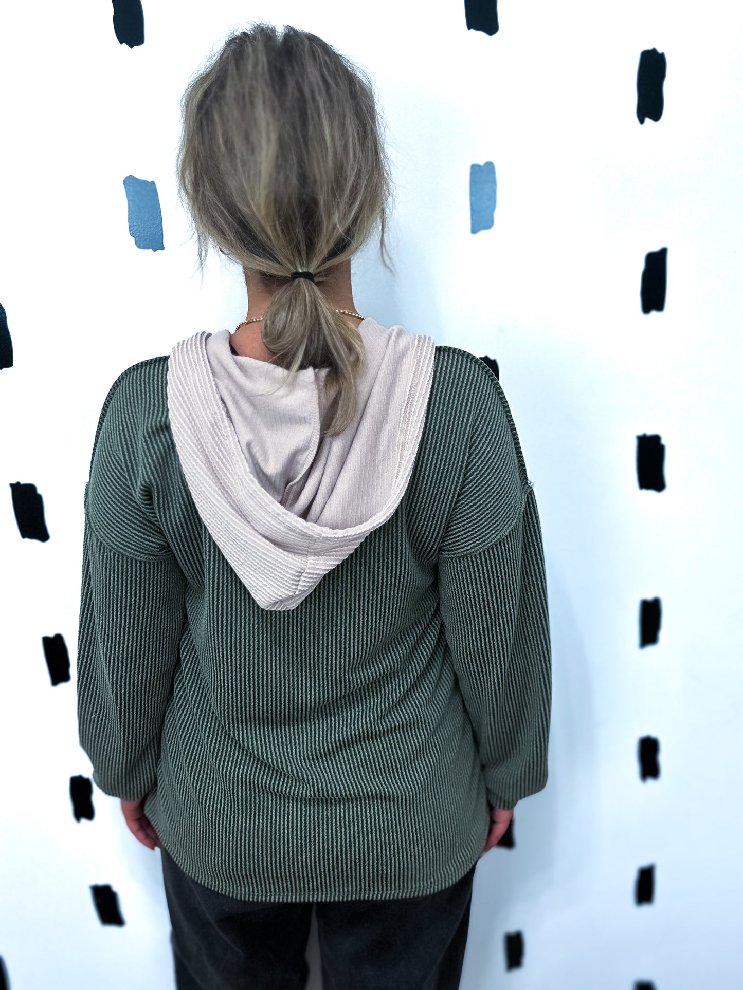 Olive Ribbed Contrast Hoodie Top
