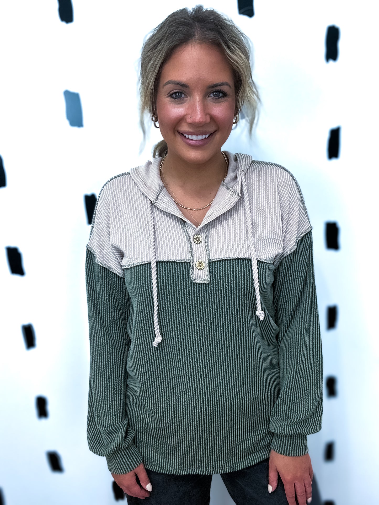 Olive Ribbed Contrast Hoodie Top