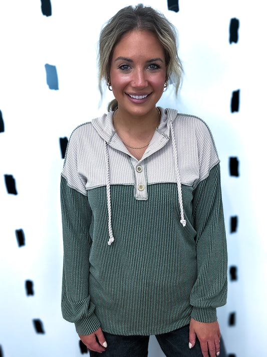 Olive Ribbed Contrast Hoodie Top