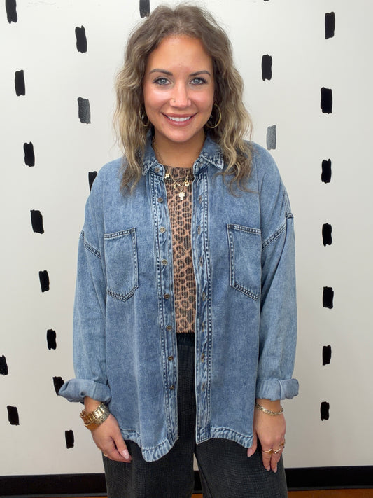 Washed Chambray Button Up Top