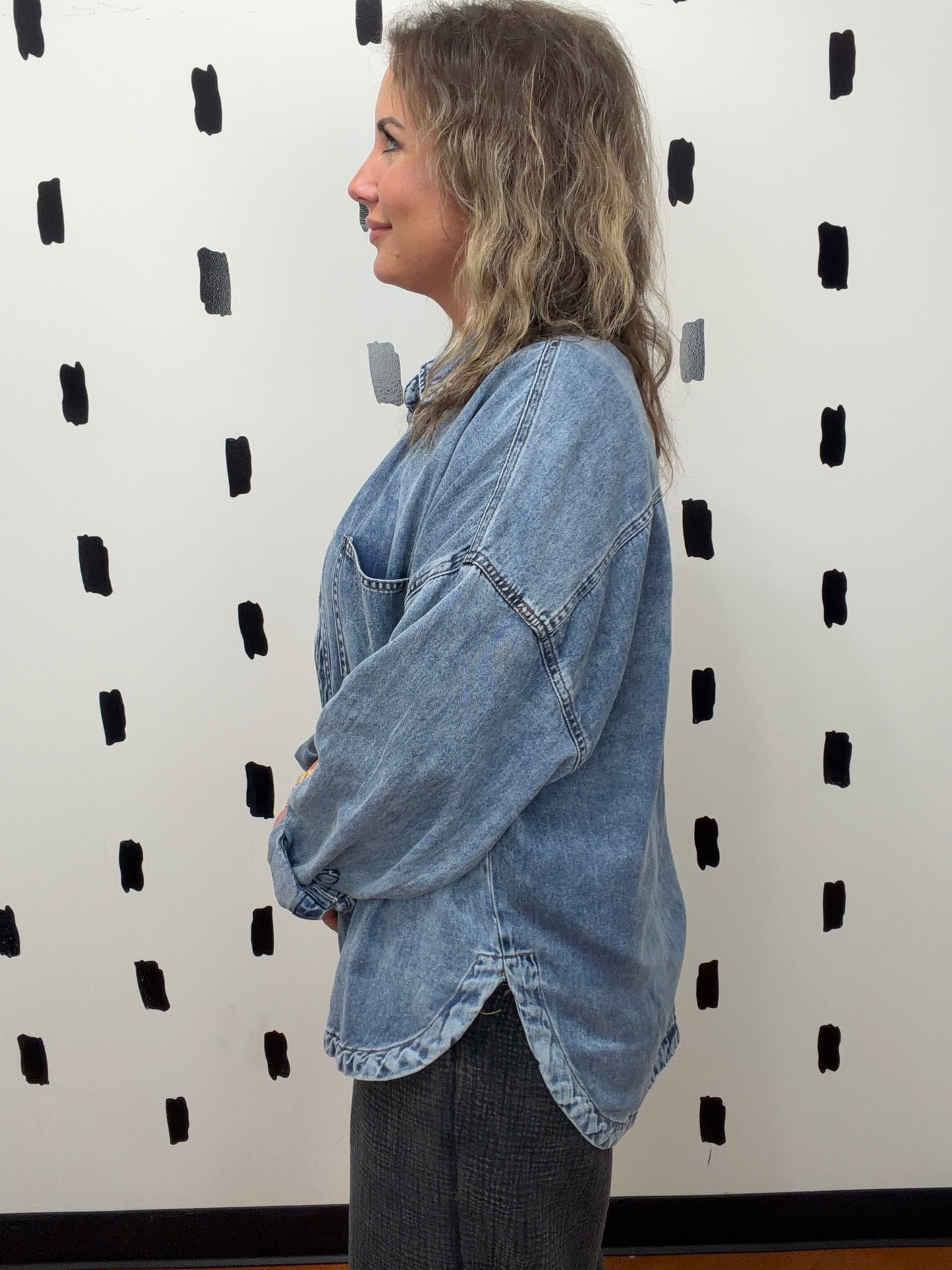 Washed Chambray Button Up Top