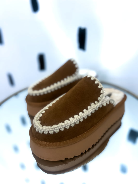 Camel Embroidered Fur Slip On Platforms