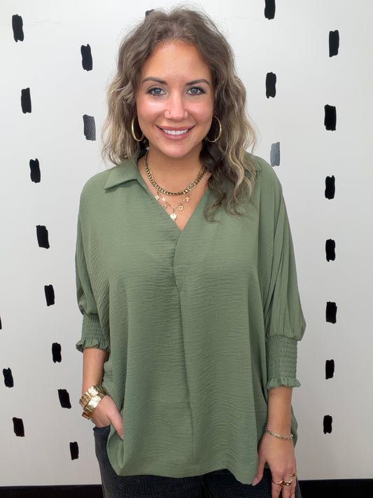 Lt Olive 1/2 Sleeve Collar Blouse