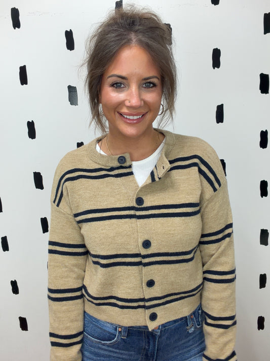 Beige/Navy Long Sleeve Striped Cardigan