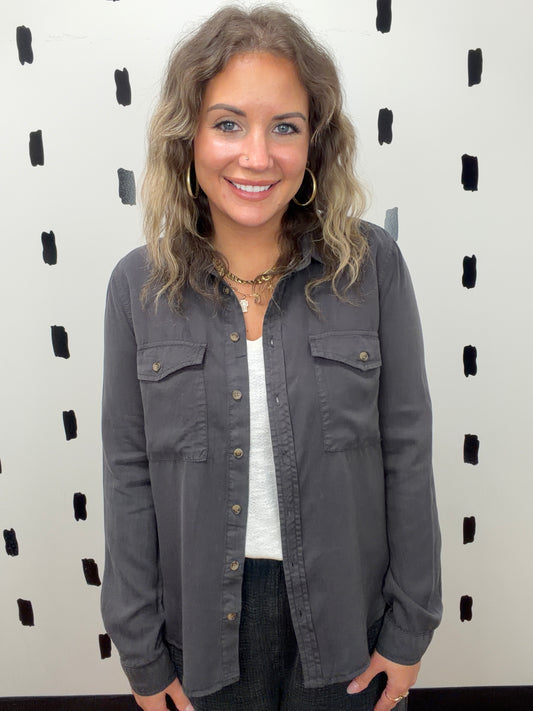 Charcoal Long Sleeve Button Up Top