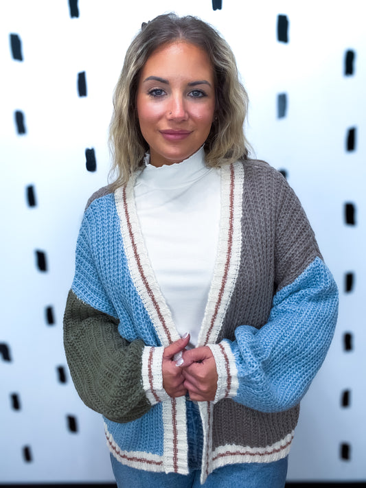 Mocha/Blue Oversized Color Blok Cardigan