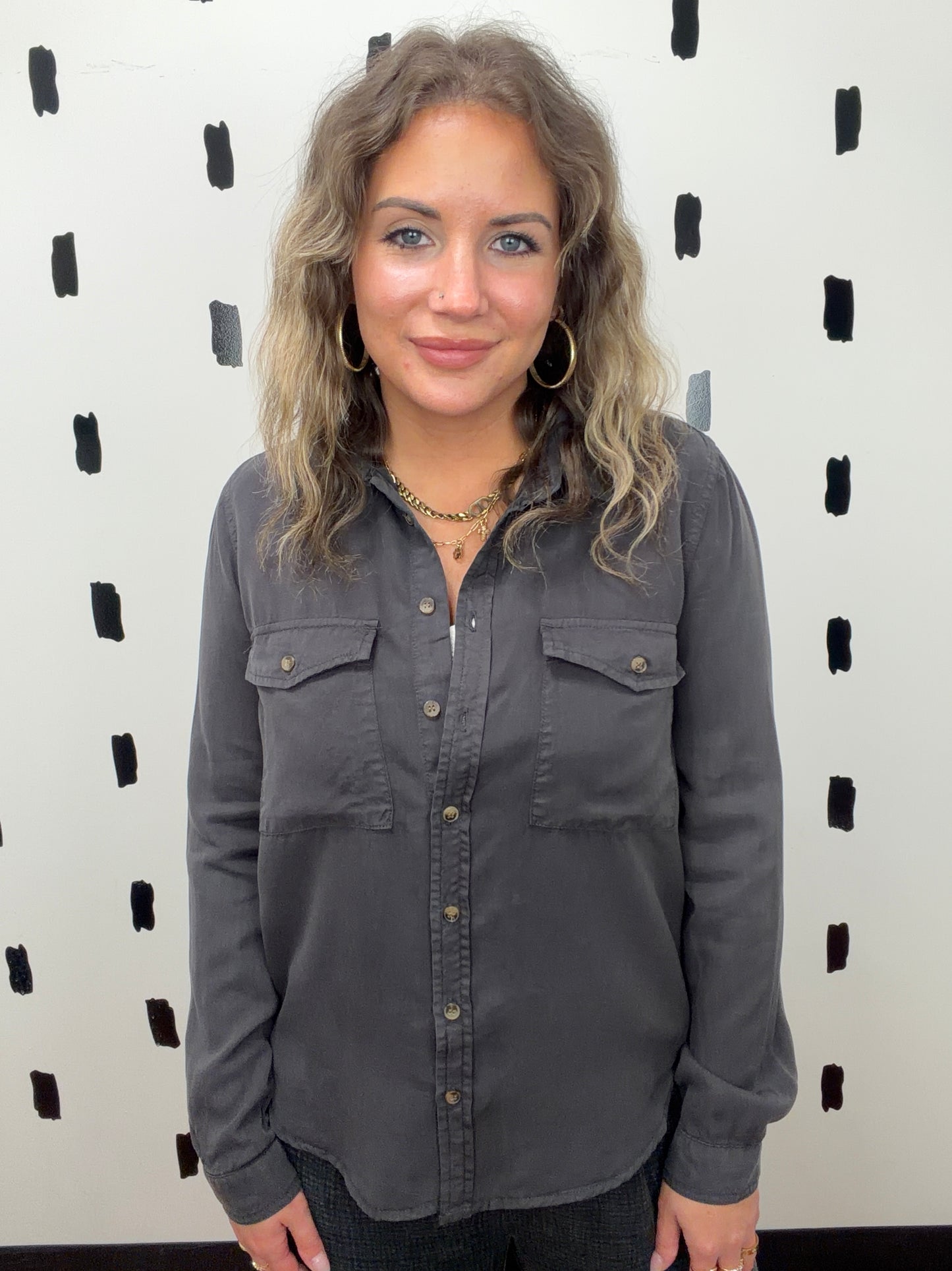 Charcoal Long Sleeve Button Up Top