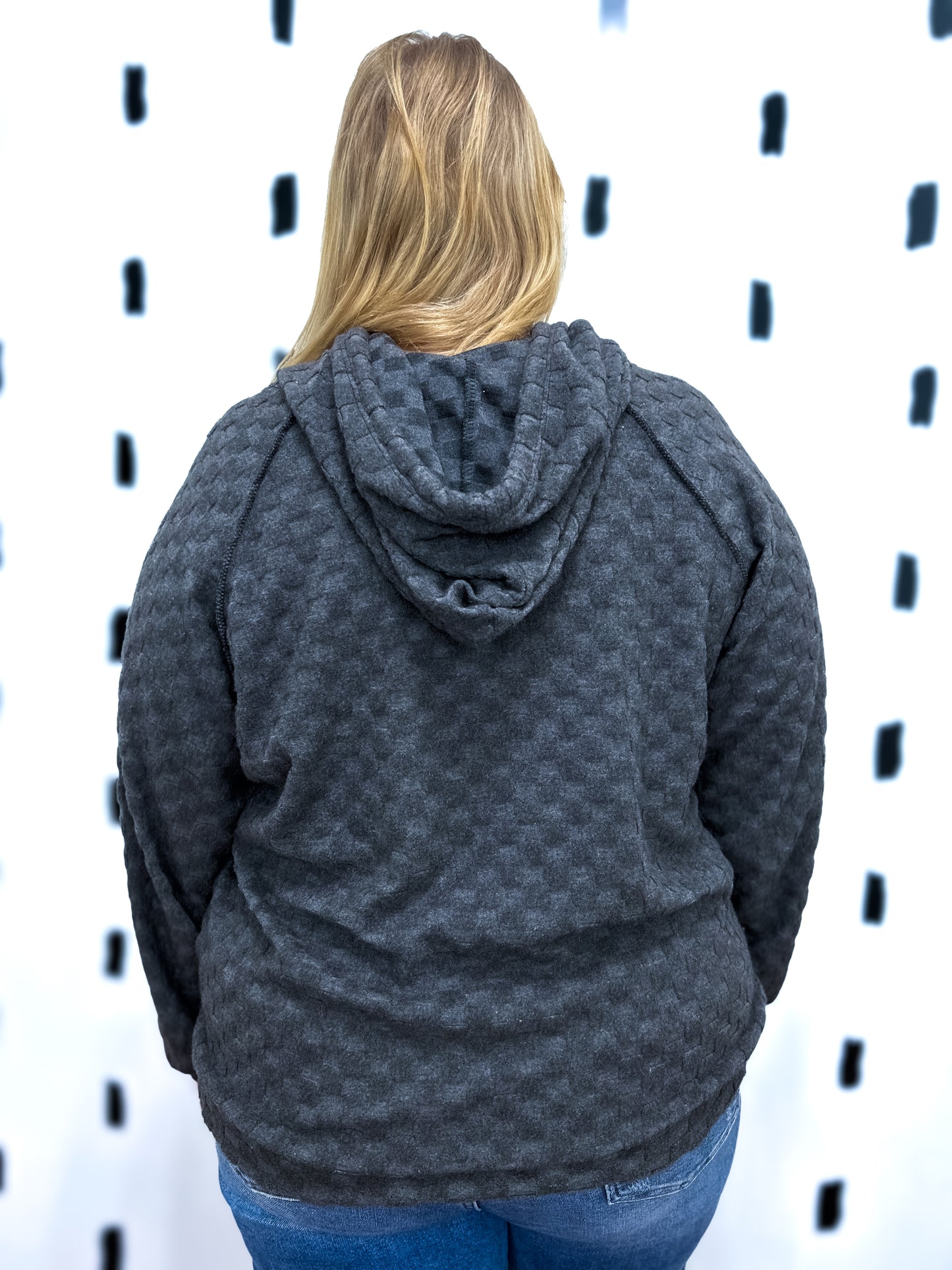 Black Checkered Knit Hoodie Top